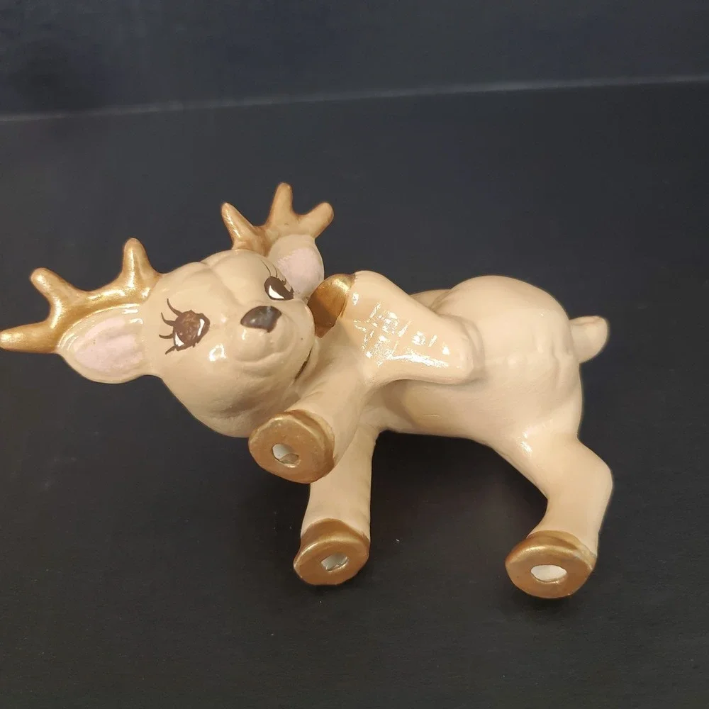 Kitchy Reindeer Ceramic Figurine Lot Of 2 - Grazing 4